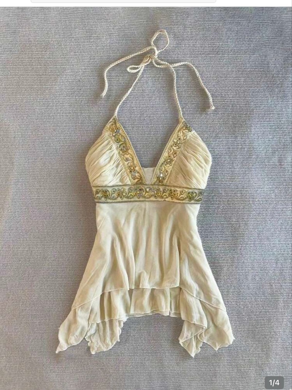 Chique haltertop met gouden borduursels, Beige, Ophalen of Verzenden, Zo goed als nieuw, Maat 36 (S)