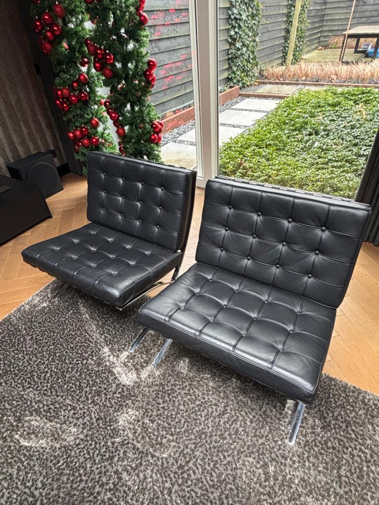 Barcelona chair met hocker - Zwart aniline leer, Twee, Zwart, Leer, Ophalen of Verzenden