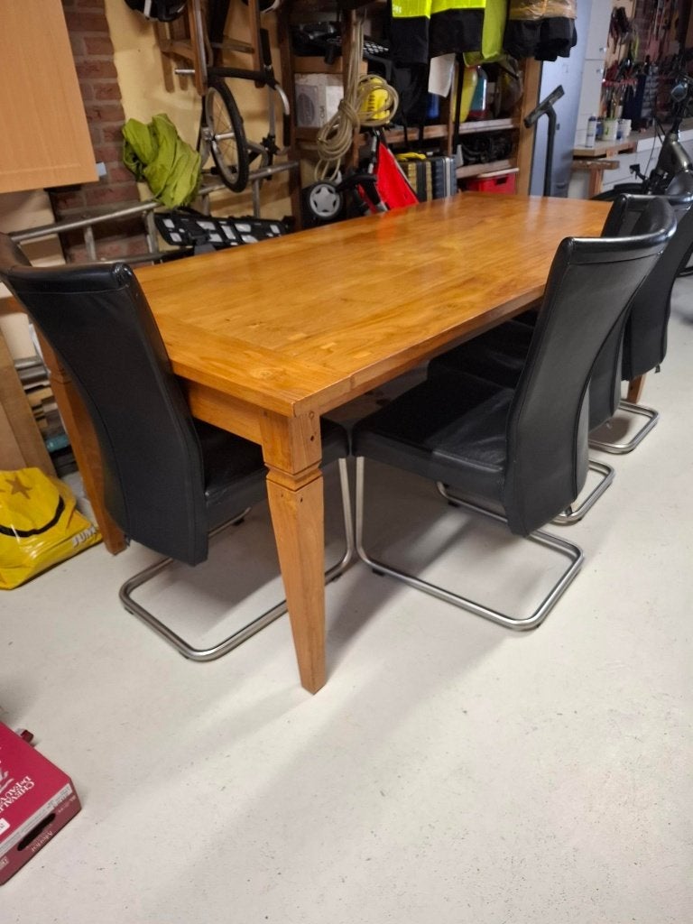 Teak eetkamer tafel, Ophalen, Gebruikt, Leer zwart, 4 tot 6 stoelen