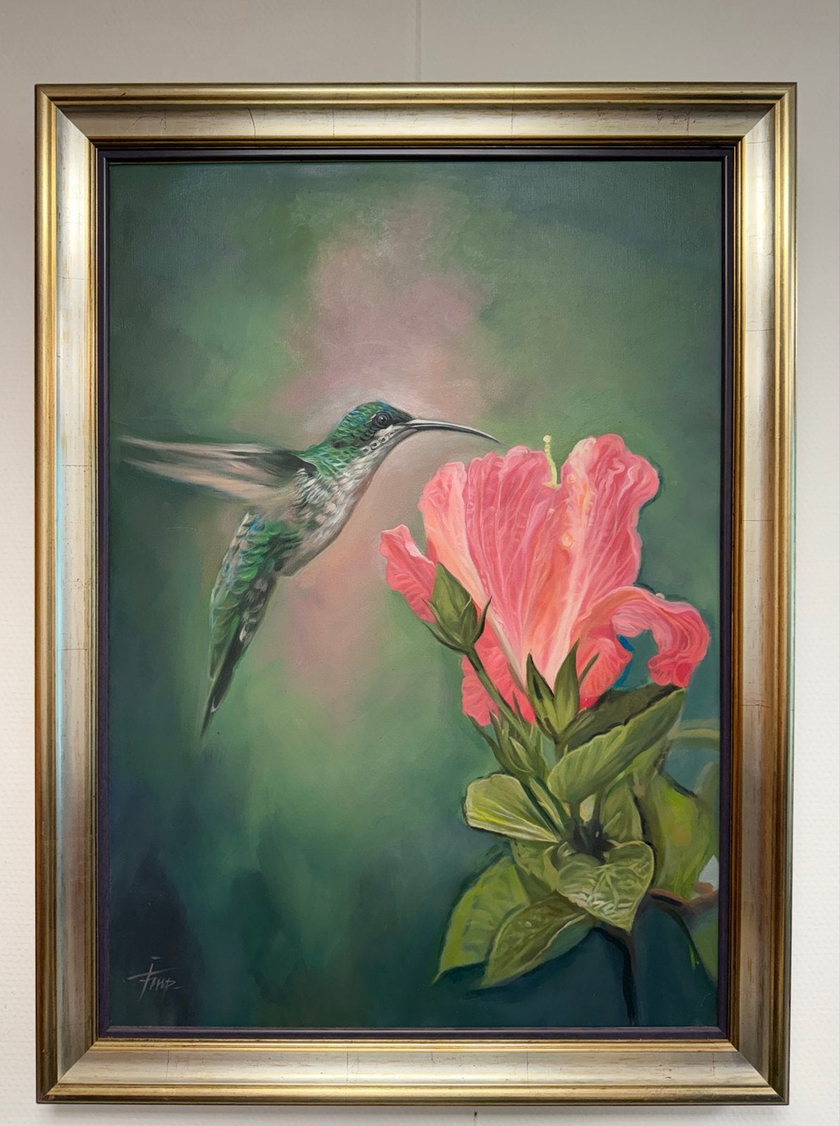 Schilderij Kolibrie en Hibiscus - Jan Prins (Searching Deer), Antiek en Kunst, Doek, Expressionistisch, Dieren, Ophalen of Verzenden