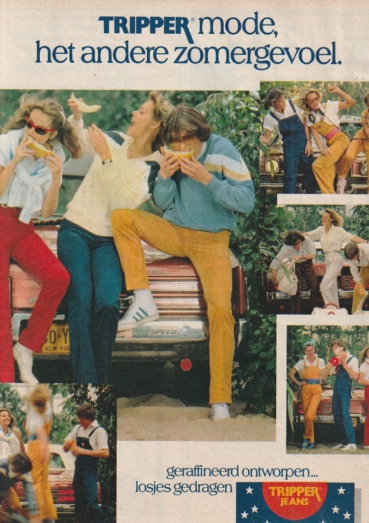Retro reclame 1979 Tripper jeans tieners bij auto Pontiac, Verzenden, Overige typen