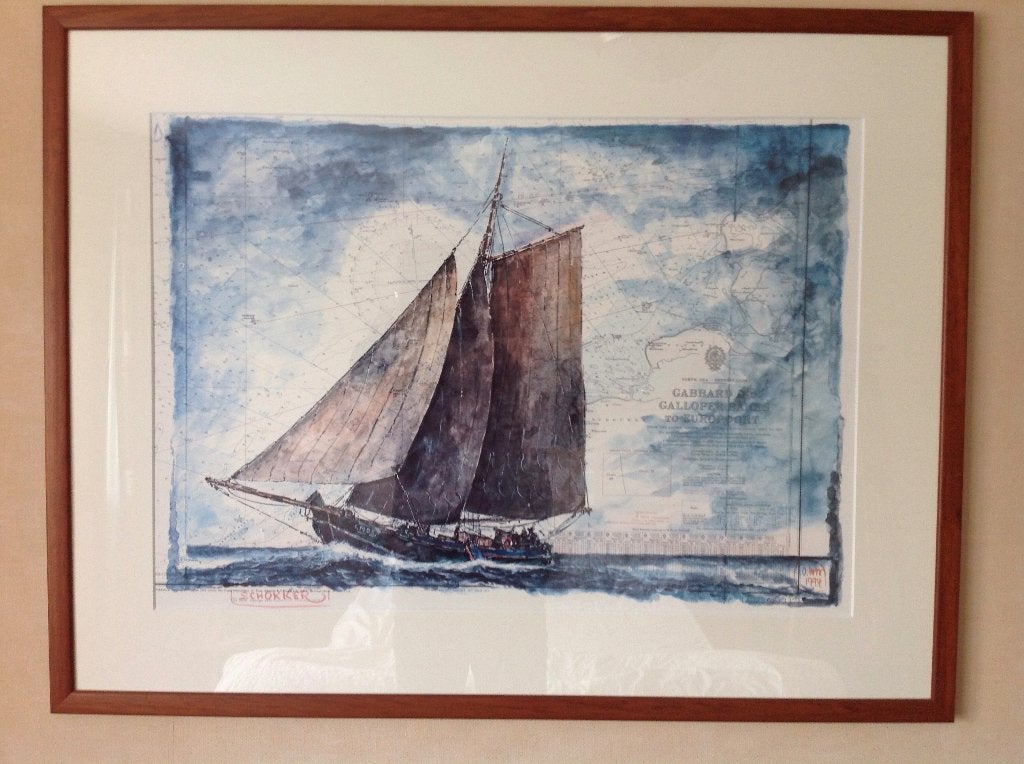 Reproductie van Aquarel Schokker op zeekaart Rotterdam, Ophalen, Gebruikt, Schilderij, 87 cm