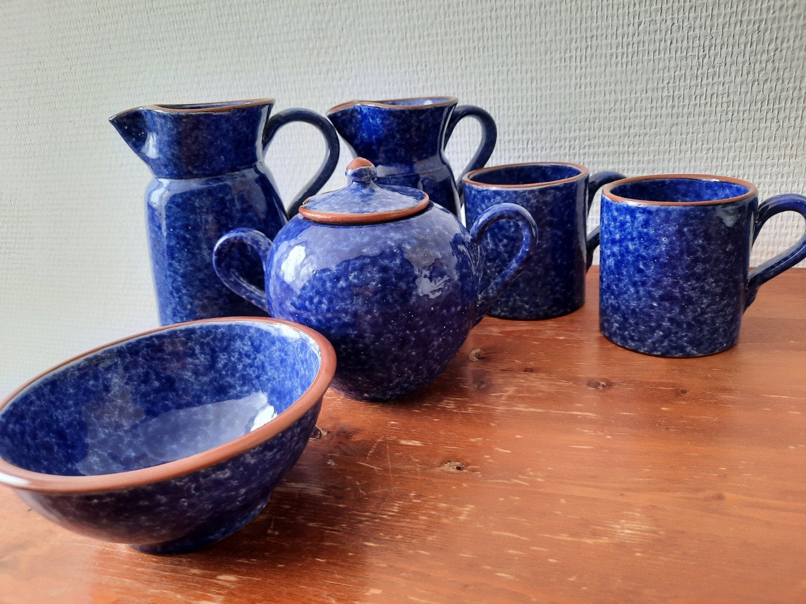 Blauw gespikkeld Portugees aardewerk servies (6-delig), Overige merken, Overige typen, Ophalen of Verzenden, Zo goed als nieuw