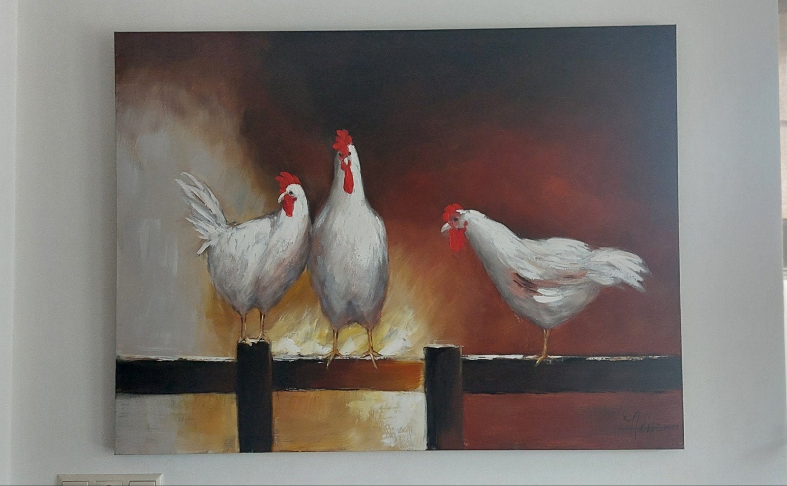 Schilderij 3 Kippen op een hek - Dieren schilderij, Antiek en Kunst, Kunst | Schilderijen | Klassiek, Ophalen, Origineel werk