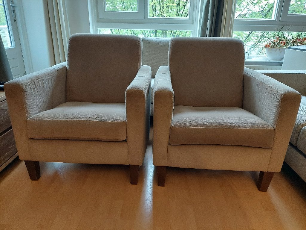 2 nette fauteuils zand / licht beige, Huis en Inrichting, Fauteuils, Ophalen, Gebruikt, 75 tot 100 cm, Stof