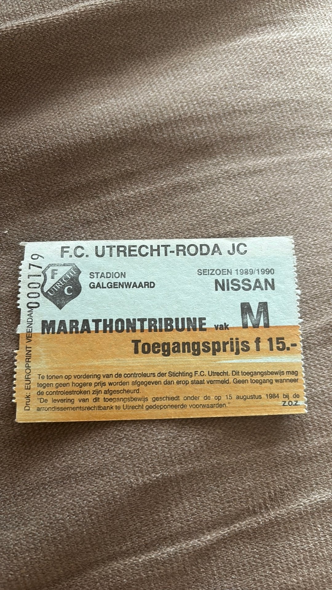 Oud stadionticket fc utrecht roda jc 1989-1990, Verzamelen, Ophalen of Verzenden, Zo goed als nieuw, F.C. Utrecht, Overige typen