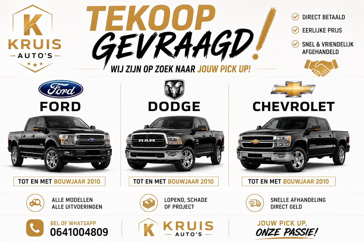 Tekoop gevraagd Chevrolet Ford Dodge Pick Up USA Benzine LPG, Auto-onderdelen, Ophalen, Dodge, Spatbord