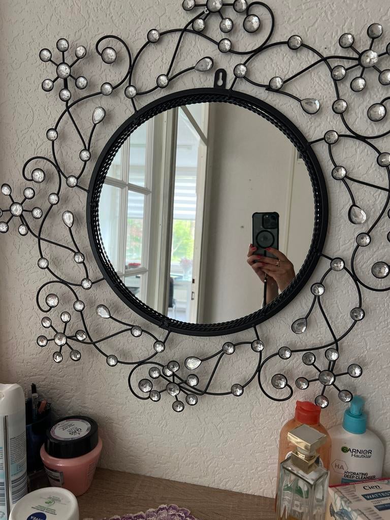 Decoratieve spiegel met kristallen rand, Rond, Ophalen of Verzenden, Zo goed als nieuw, Minder dan 100 cm