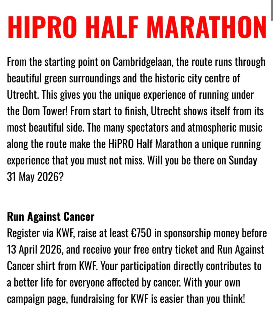 HiPRO Half Marathon - Utrecht - 31 May 2026, Tickets en Kaartjes, Kortingen en Cadeaubonnen, Eén persoon, Overige soorten