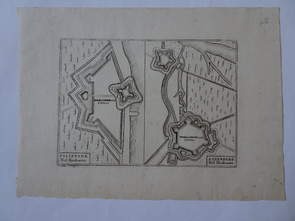 Gravures forten Philippine Steenbergen Brabant, ca 1680, Antiek en Kunst, Cartografie, Origineel, Gravure, 1600 - 1699