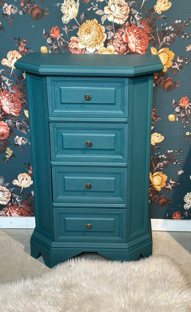 Brocante ladekastje - kastje - blauw - 4 lades, Ophalen, 50 tot 100 cm, Zo goed als nieuw, 3 of 4 laden