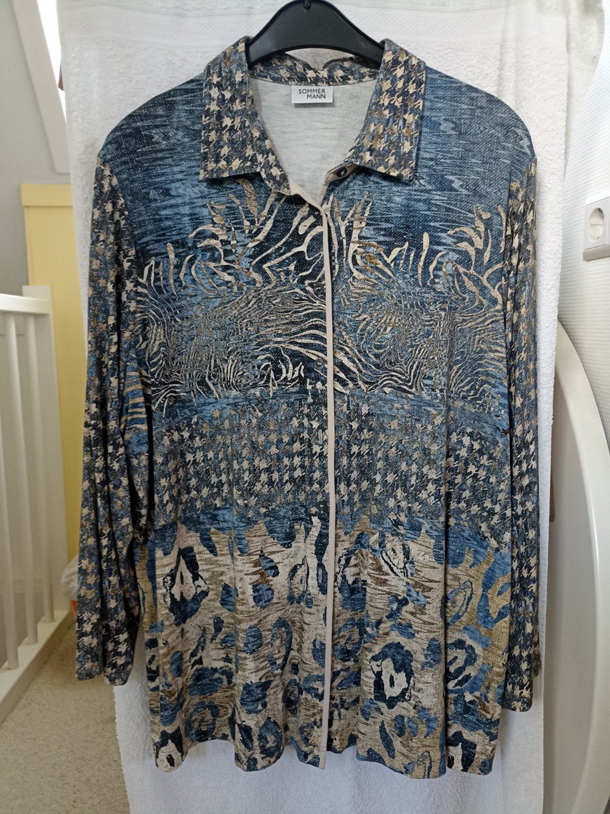 Sommermann Blouse Maat 48 - Blauw/Beige Print, Kleding | Dames, Maat 46/48 (XL) of groter, Ophalen of Verzenden, Zo goed als nieuw