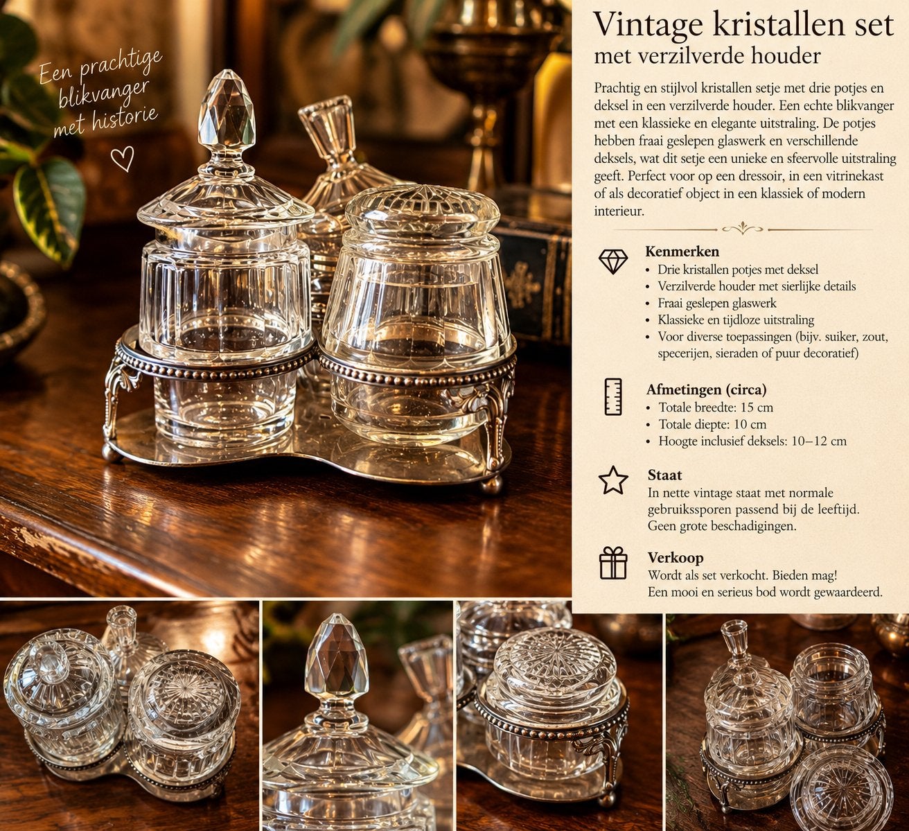 Vintage Kristallen Bonbonnières op Sierlijk Metalen Plateau, Antiek en Kunst, Ophalen of Verzenden