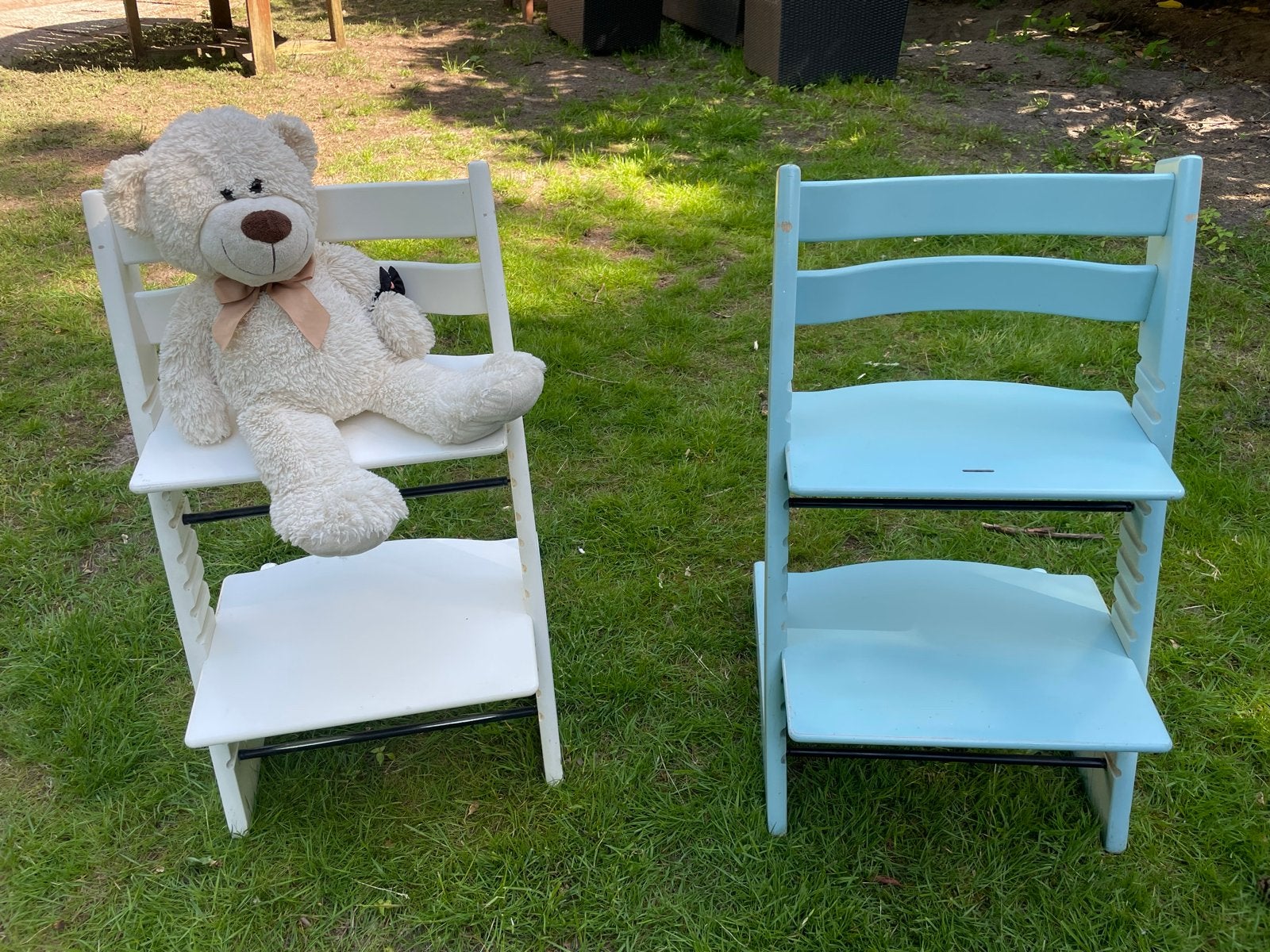 Stokke Tripp Trapp meegroeistoelen (wit en blauw), Ophalen, Gebruikt, Meegroeistoel