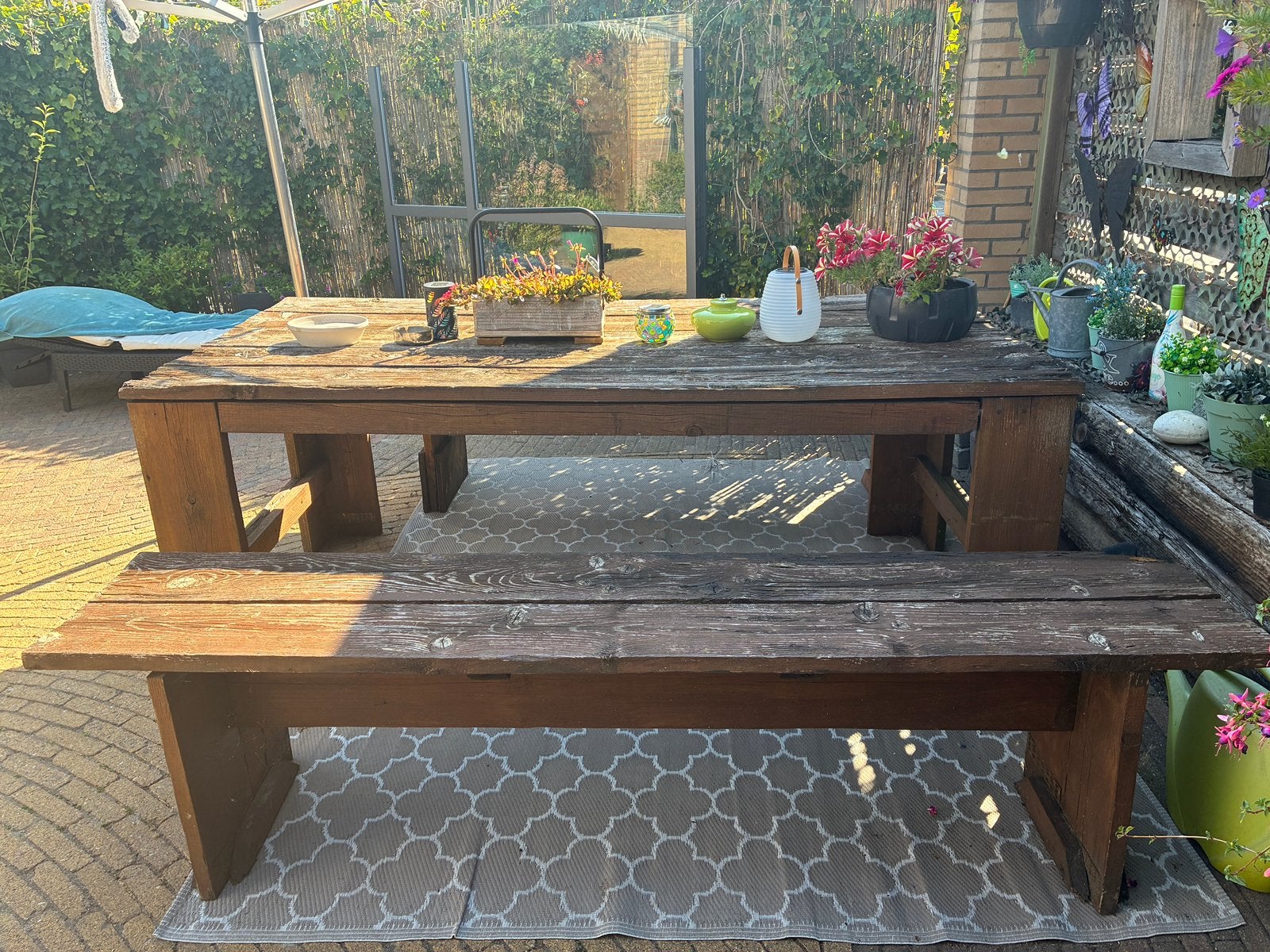 Gratis afhalen tuintafel met twee losse banken, Tuin en Terras, Picknicktafels, Ophalen, Gebruikt, Rechthoekig, Hout