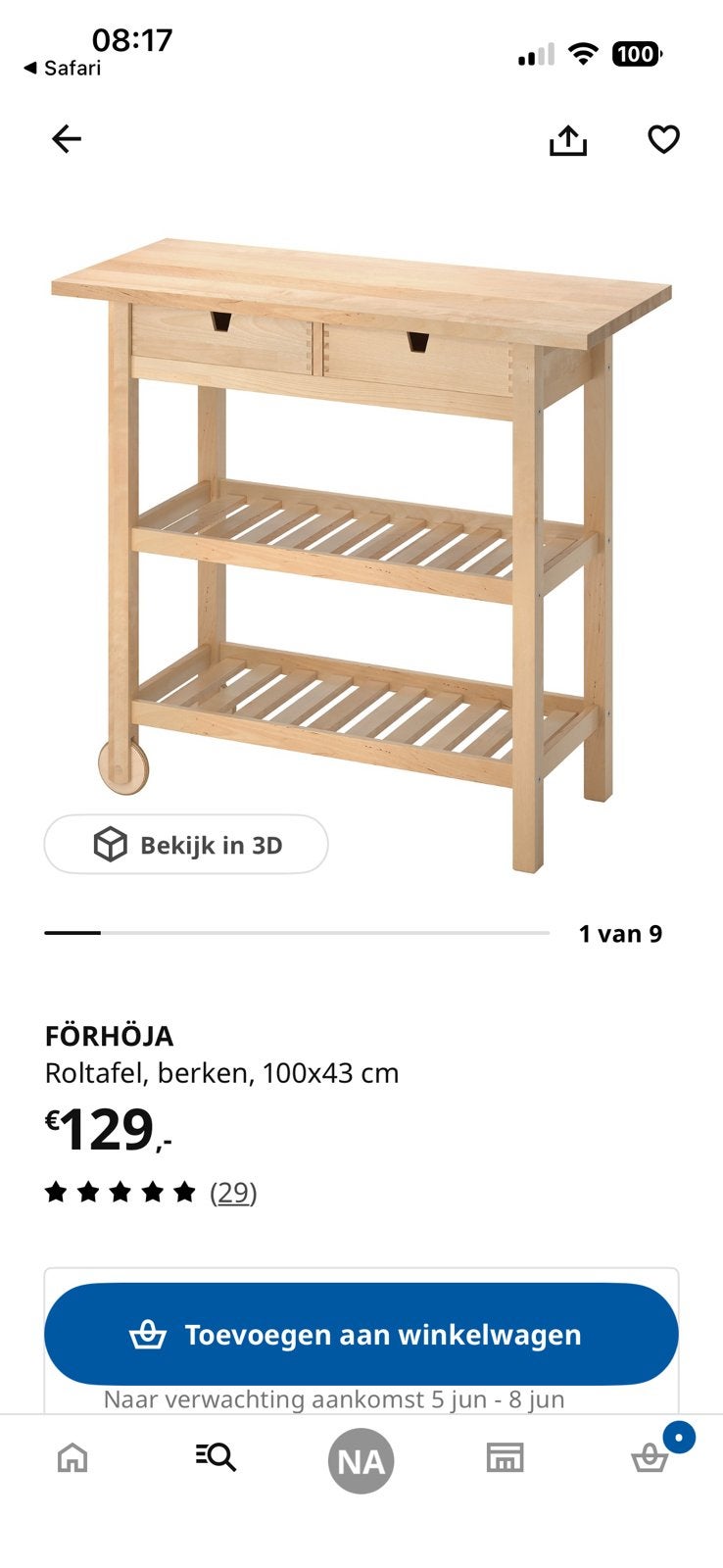 Ikea Forhoja roltafel keukentrolley, Huis en Inrichting, Keuken | Keukenelementen, Ophalen, 50 tot 100 cm, Zo goed als nieuw, Minder dan 100 cm