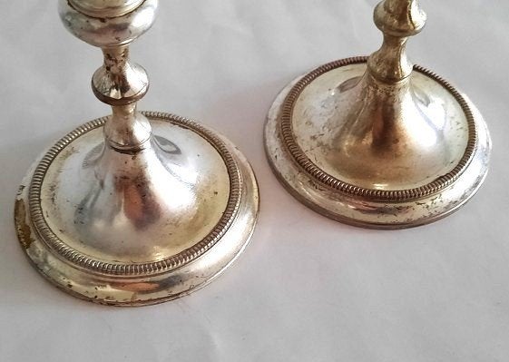 Stel vintage verzilverde BMF Kandelaars met Parelrand, Gebruikt, Ophalen of Verzenden, Metaal, Kandelaar