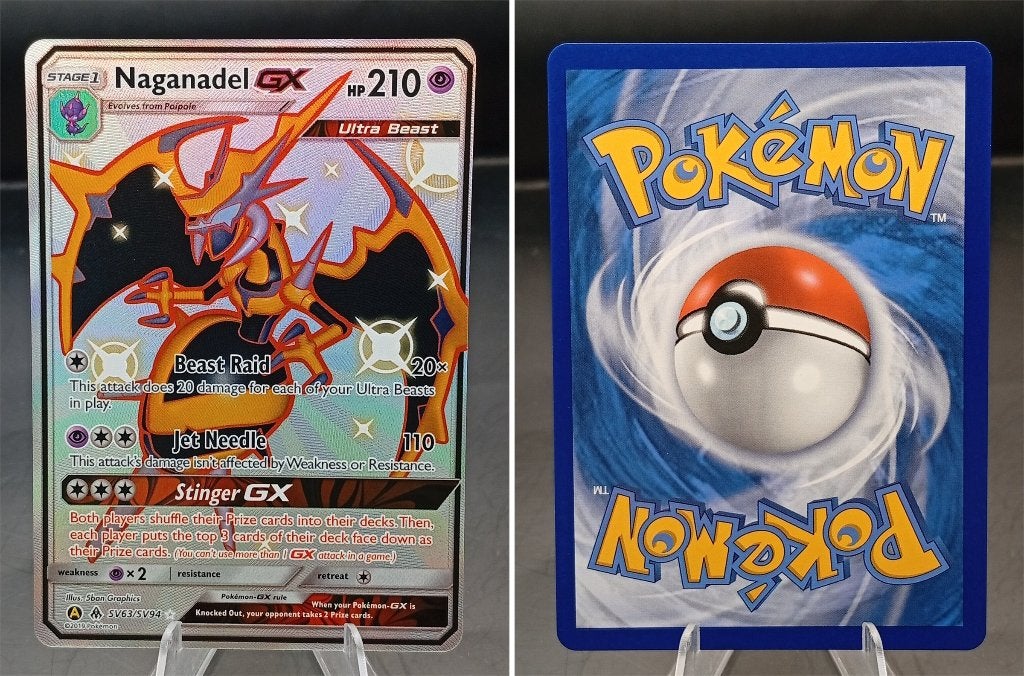Naganadel GX Hidden Fates (HIF SV63) - Near Mint, Ophalen of Verzenden, Zo goed als nieuw, Losse kaart