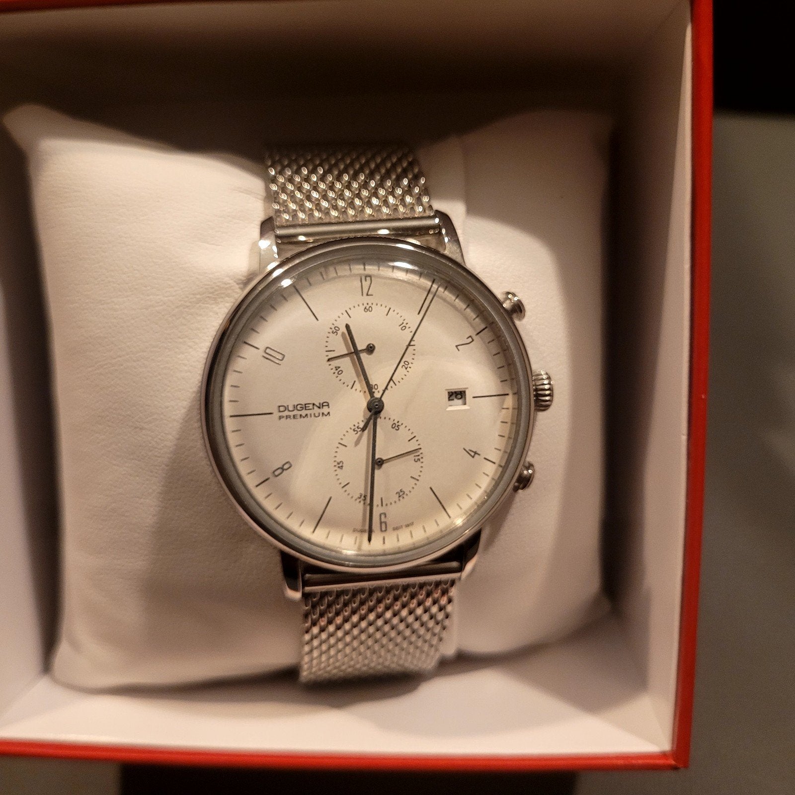 Dugena Heren Polshorloge Chronograaf Zilver Wit RVS 40,5mm, Ophalen of Verzenden, Staal, Polshorloge, Overige merken
