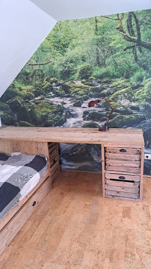 Bed + bureau van steigerhout, Ophalen, 85 tot 100 cm, Gebruikt, Lattenbodem