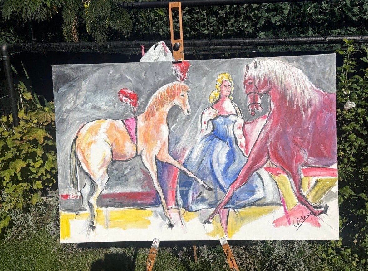 Schilderij met paarden en figuur - Handgeschilderd, Antiek en Kunst, Ophalen, Acrylverf, Dieren, Gesigneerd