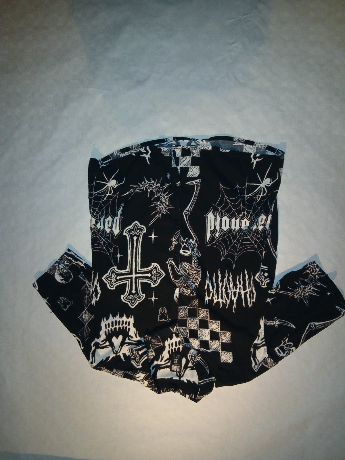 Zwart overhemd met gothic/punk print, Kleding | Heren, Ophalen, Onbekend, Zwart, Zo goed als nieuw