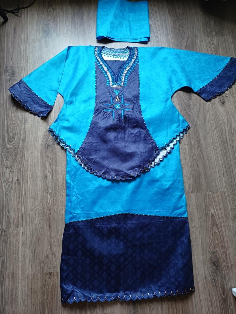 Nieuwe Afrikaanse outfit: top, rok & hoofddoek (42/44), Blauw, Maat 42/44 (L), Nieuw, Ophalen of Verzenden
