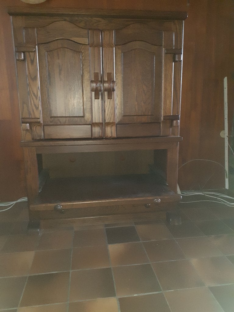 Massief donker eiken kast met uitschuifbare plank en lade, Ophalen, Gebruikt, Met deur(en), Eikenhout