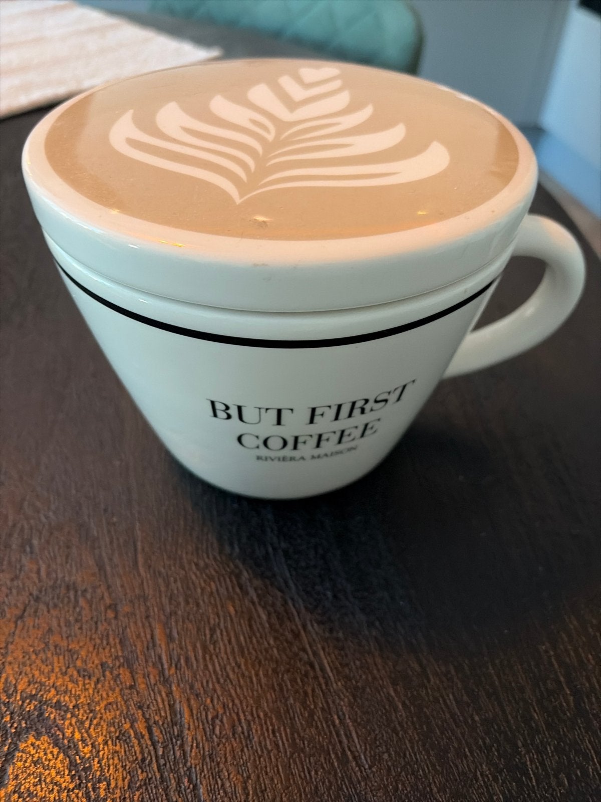 Riviera Maison 'But First Coffee' voorraad pot, Ophalen, Overige typen, Zo goed als nieuw, Steen/keramiek