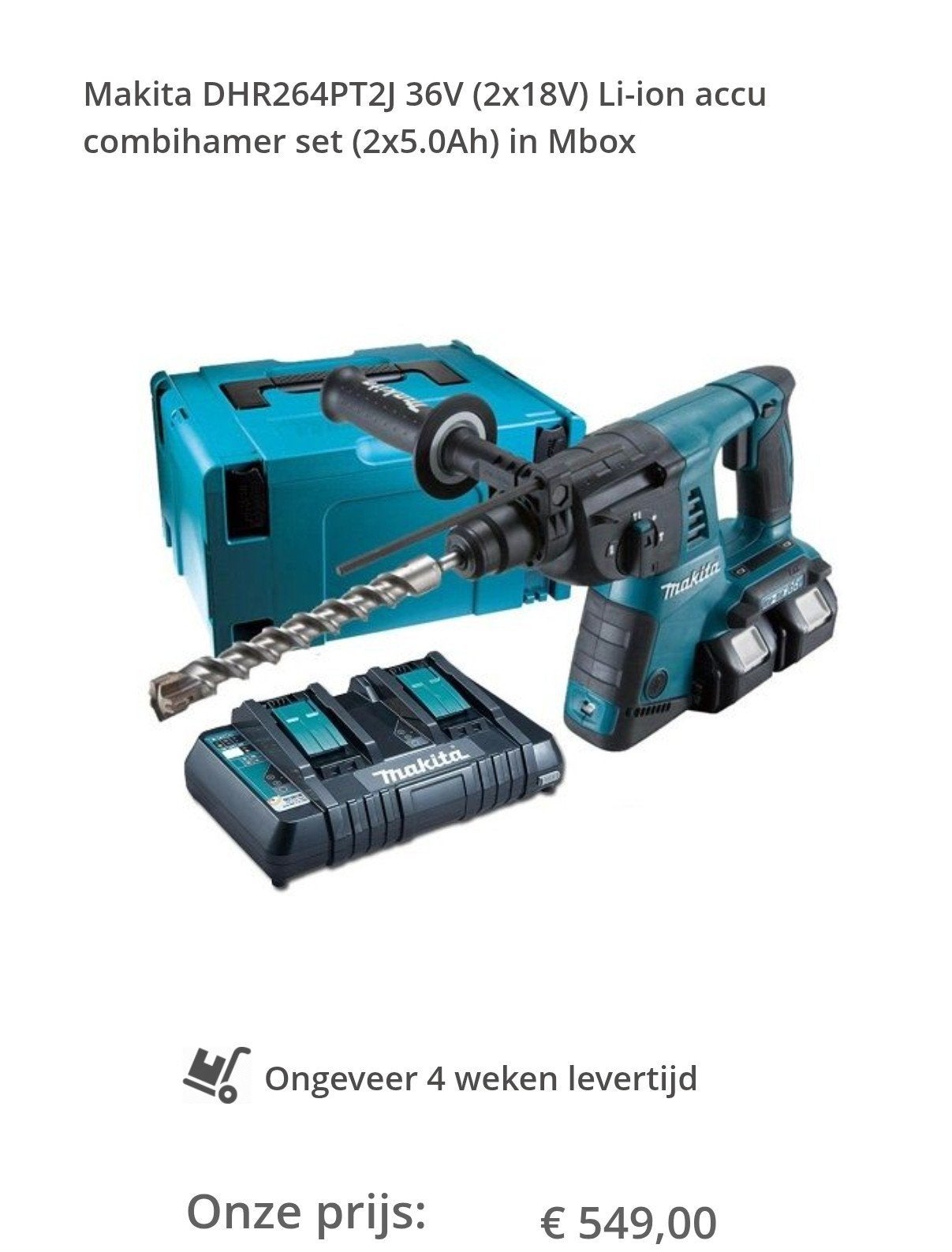 Makita DHR264ZJ Accu Boorhamer met DC18RD en 2x BL1850B, Doe-het-zelf en Verbouw, Gereedschap | Boormachines, Ophalen, 600 watt of meer
