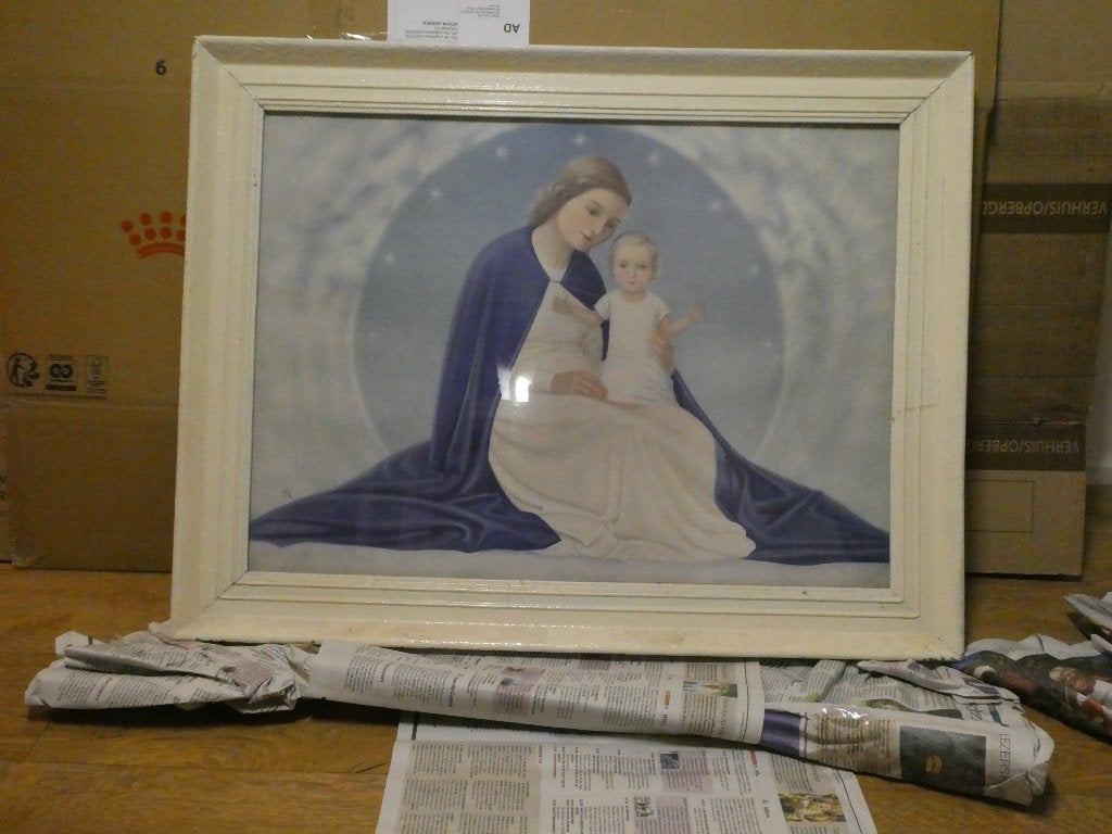 Vintage Maria met Kind religieuze prent in houten lijst, Antiek en Kunst, Antiek | Religie, Ophalen of Verzenden