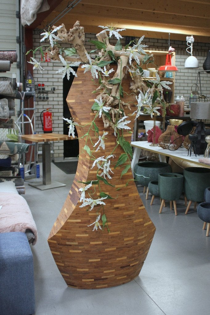 Aparte grote hoge bloempot hout met kunstplanten en bloemen, Ophalen, Binnen, Gebruikt, Kunstplant