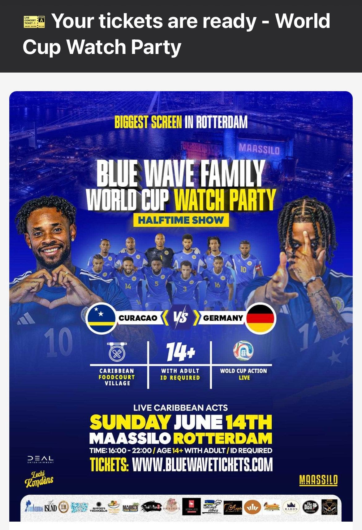 Maassilo Curacao - Duitsland watchparty tickets 4x!, Losse kaart, Drie personen of meer, Juni