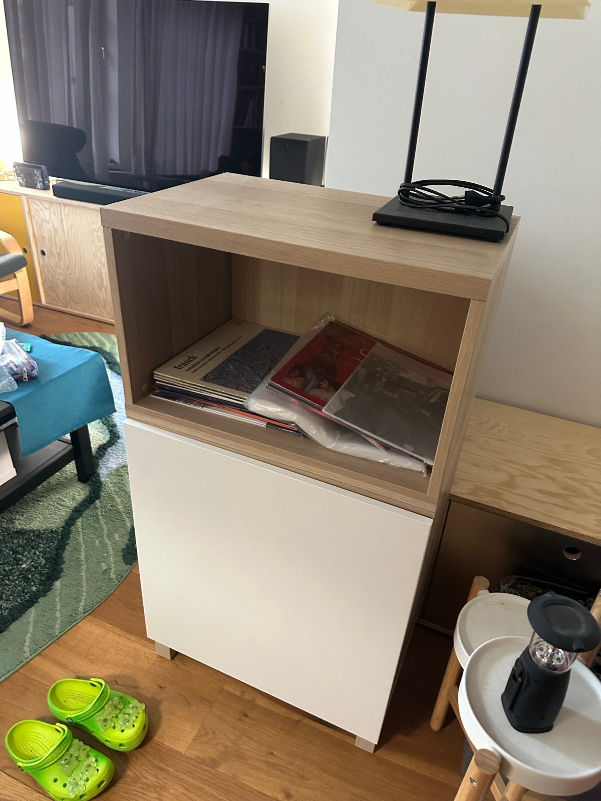 IKEA BESTÅ kast met open vak en lade, eiken en wit, Ophalen, 100 tot 150 cm, 50 tot 100 cm, Zo goed als nieuw