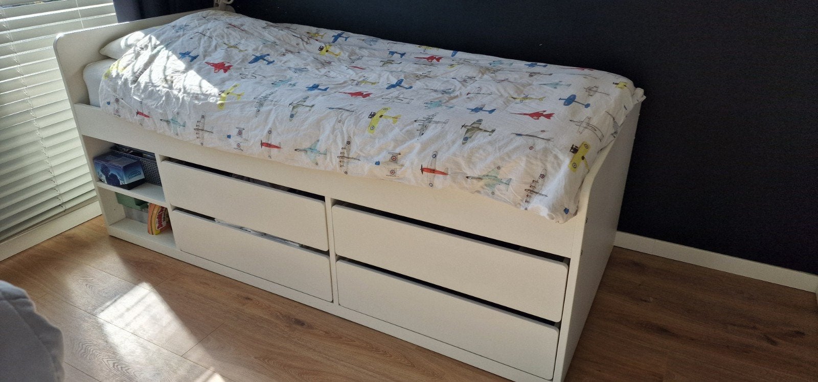 IKEA Eenpersoonsbed SLÄKT met 4 laden en 2 opbergvakken, Gebruikt, 90 cm, Eenpersoons, Wit