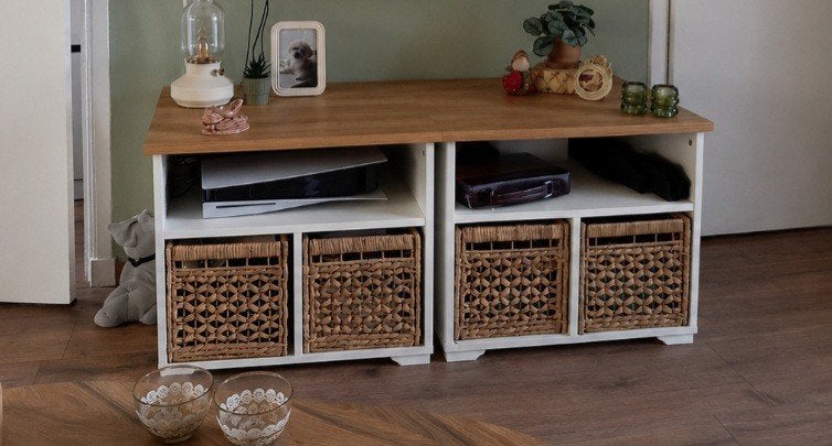 Twee vierkante bijzettafels/salontafeltjes wit met grenen., Huis en Inrichting, Tafels | Salontafels, Ophalen, 50 tot 100 cm, Vierkant
