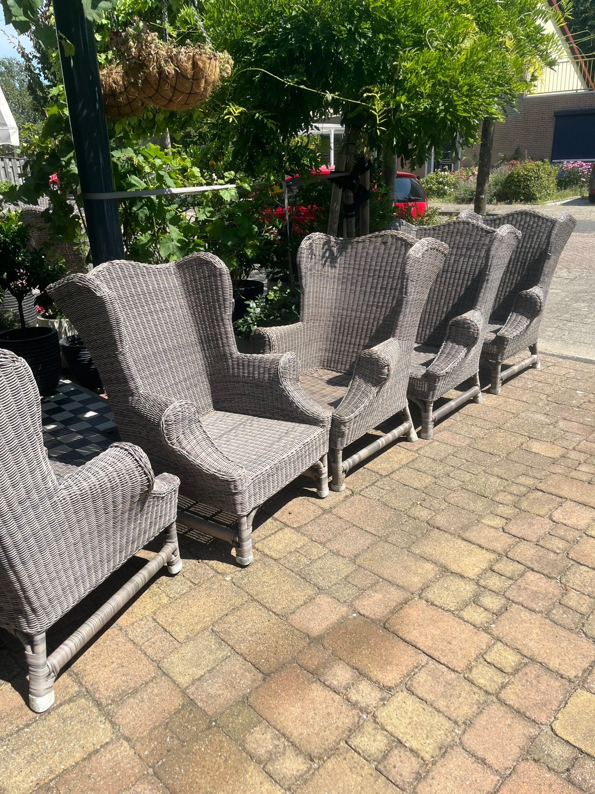 6 Riviera Maison Nicolas Wing stoelen met 4 hockers+tafeltje, Tuin en Terras, Ophalen, Gebruikt