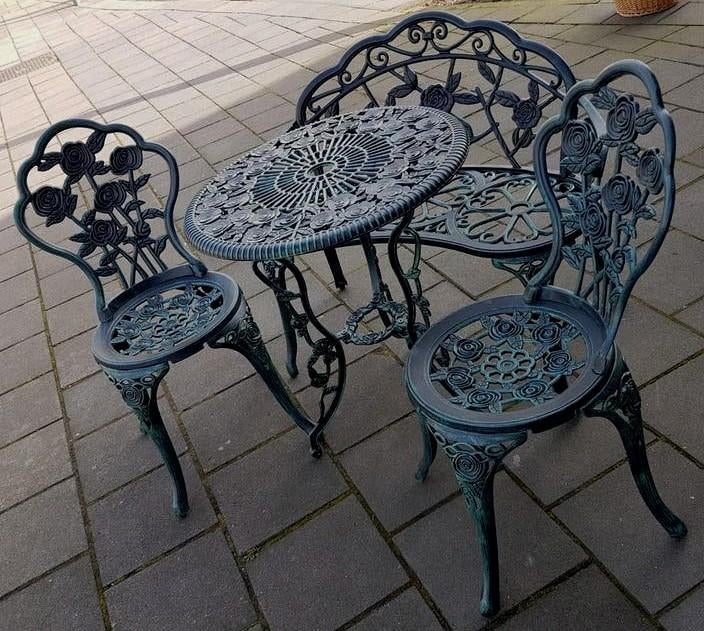 Gietaluminium Bistroset Tuinset met rozenmotief=4delig, Tuin en Terras, Tuinsets en Loungesets, Ophalen, 4 zitplaatsen, Tuinset