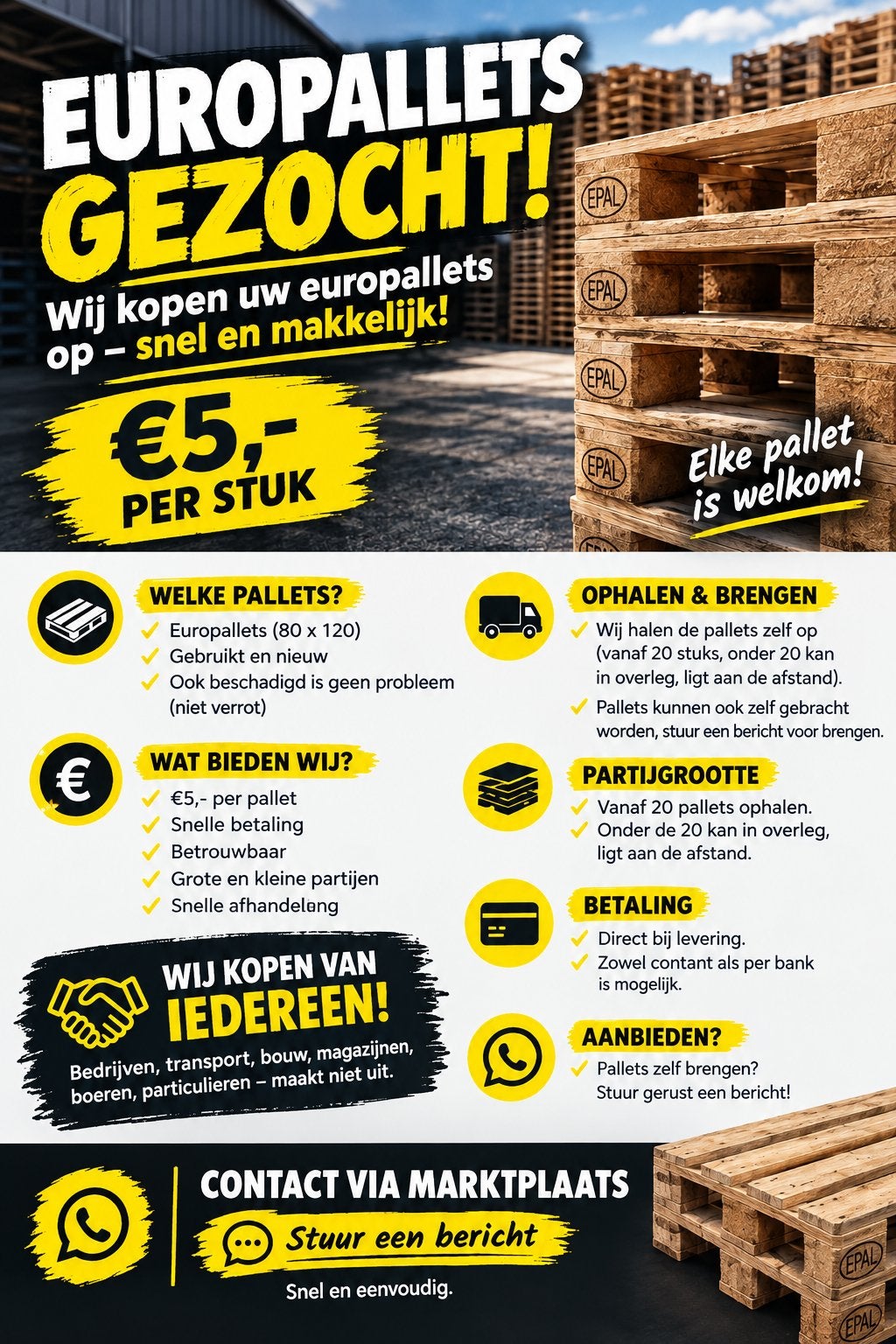 EUROpallets GEZOCHT – WIJ KOPEN UW PALLETS!, Ophalen, Zo goed als nieuw, 50 mm of meer, Pallet
