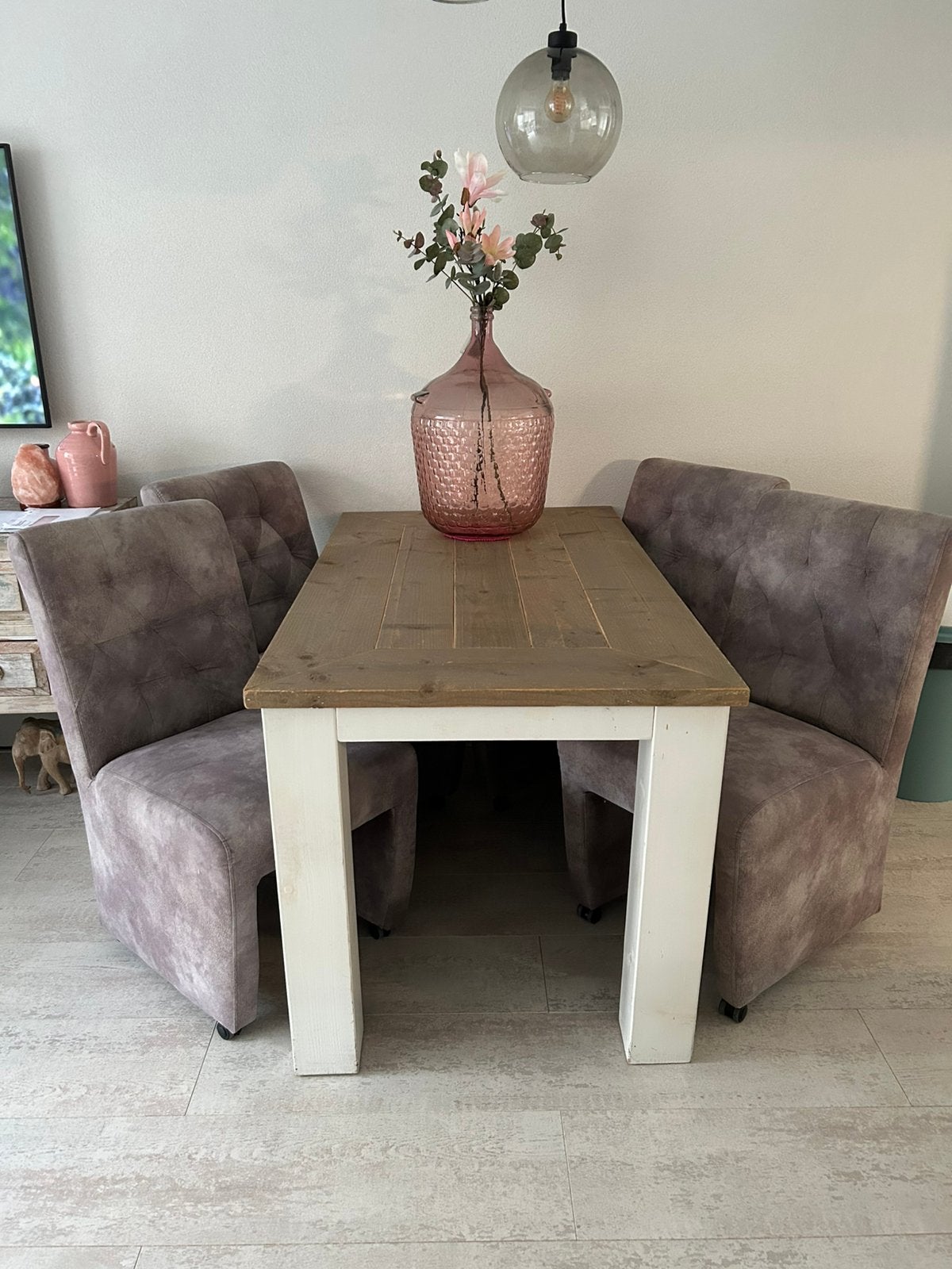 Eettafel wit/steigerhout met 4 stoelen (huisdiervriendelijk), Huis en Inrichting, Ophalen, Gebruikt, 100 tot 150 cm, 50 tot 100 cm