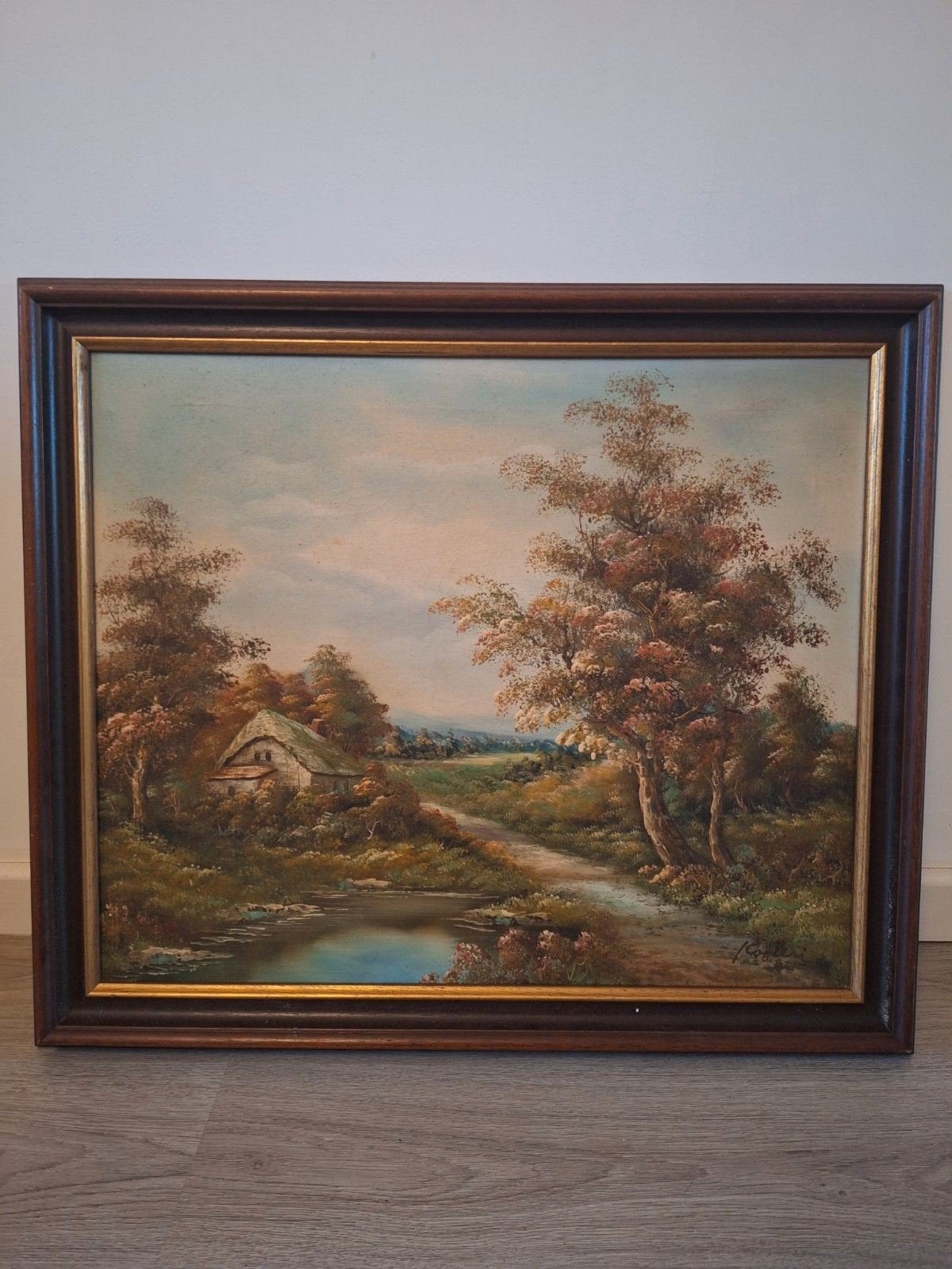 Schilderij Landschap met Huisje en Water, Ophalen of Verzenden