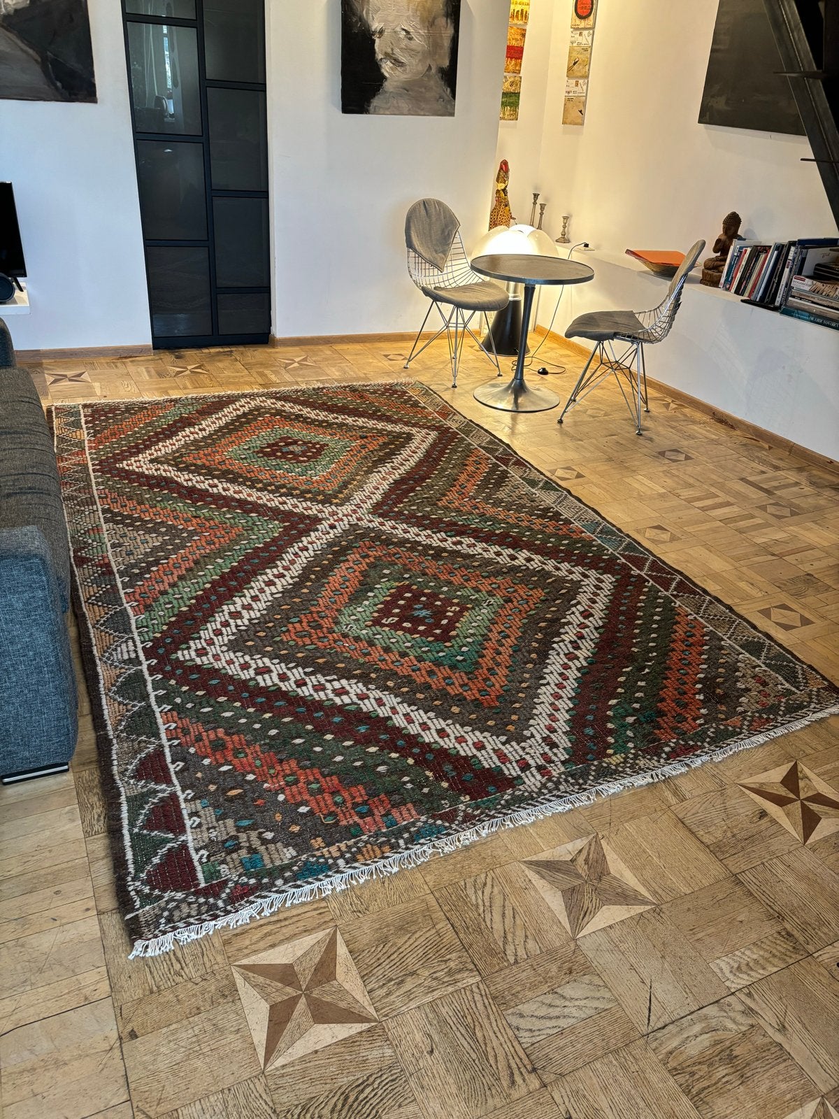 Zeldzame Kaukasus Kelim met Borduurwerk, 195x300 cm, Bruin, 150 tot 200 cm, 200 cm of meer, Ophalen of Verzenden