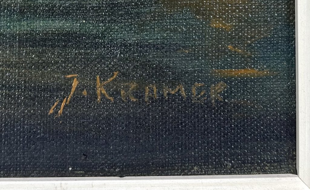 259. Olieverfschilderij, J. Kramer – nachtelijk havengezicht, Antiek en Kunst, Kunst | Schilderijen | Klassiek, Ophalen