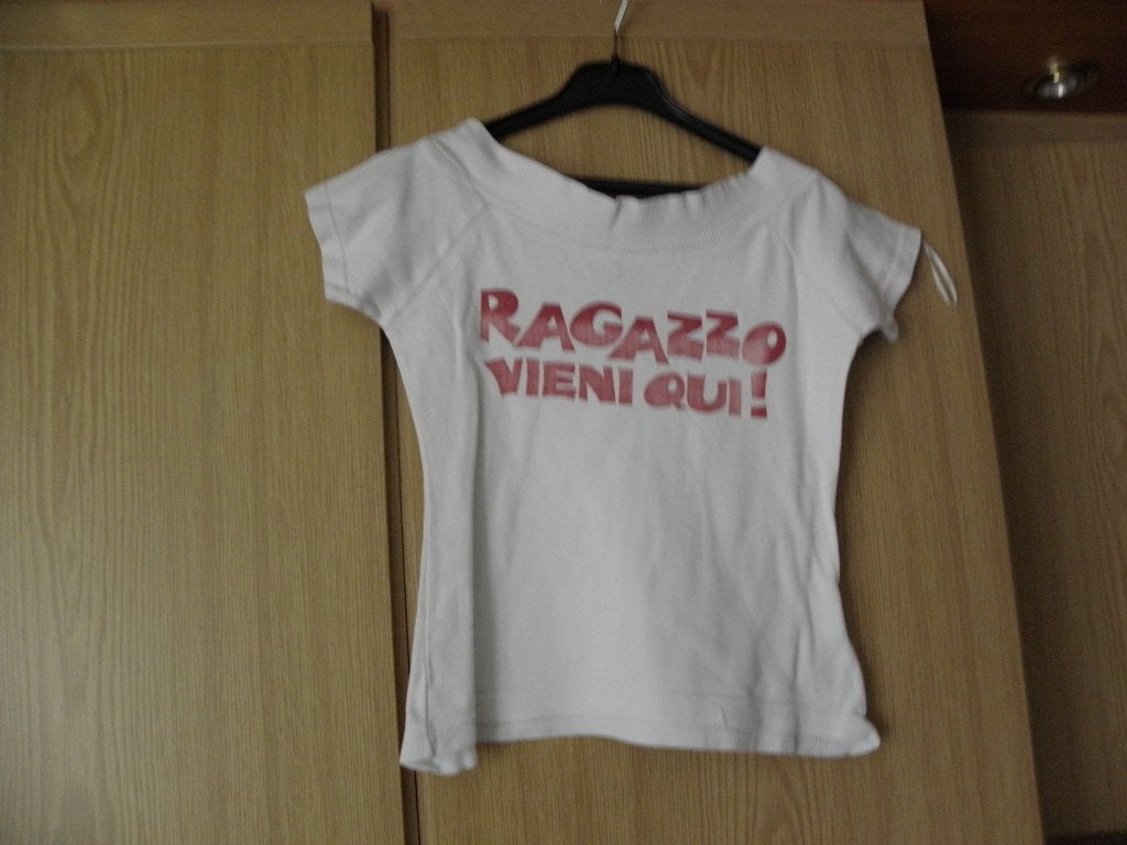 Goedkoop wit katoenen wijde hals shirt MADONNA mt S/M, Maat 38/40 (M), Wit, Ophalen of Verzenden, Korte mouw
