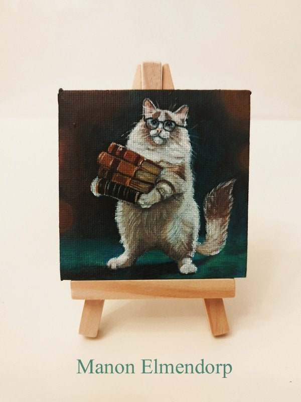 Uniek Handgeschilderd Schilderijtje Kat met Stapel Boeken, Ophalen of Verzenden, Gelakt/vernis, Acrylverf, Dieren