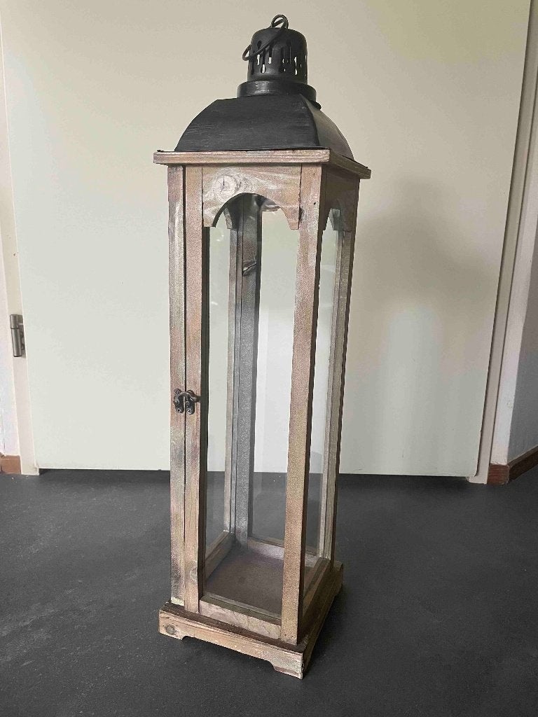 Grote mooie zware houten windlicht lantaarn met metalen kap, Lantaarn, Meerkleurig, Overige merken, Ophalen of Verzenden