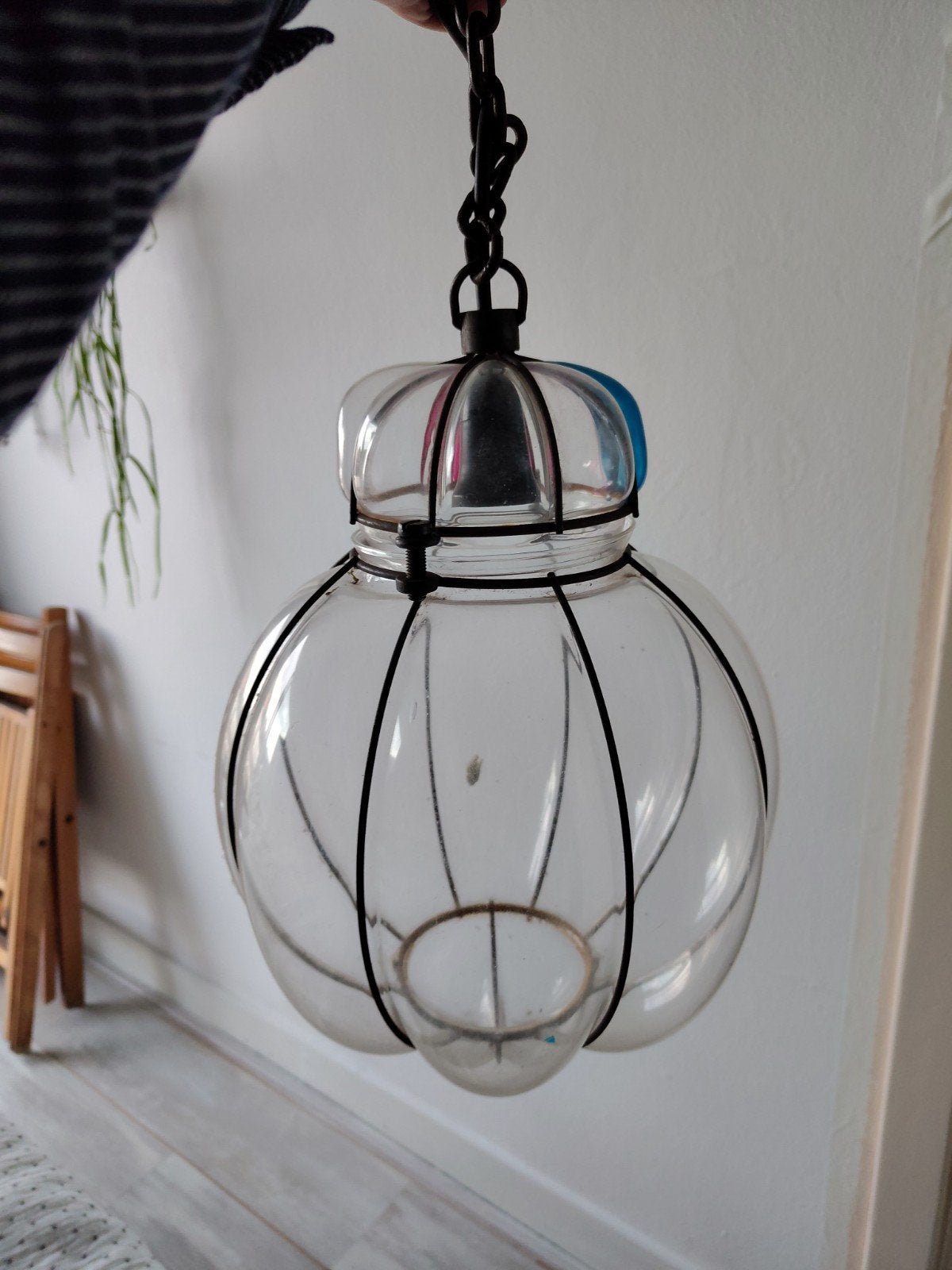 Vintage glazen hanglamp met metalen frame, Ophalen, Gebruikt, Vintage, Overige fittingen