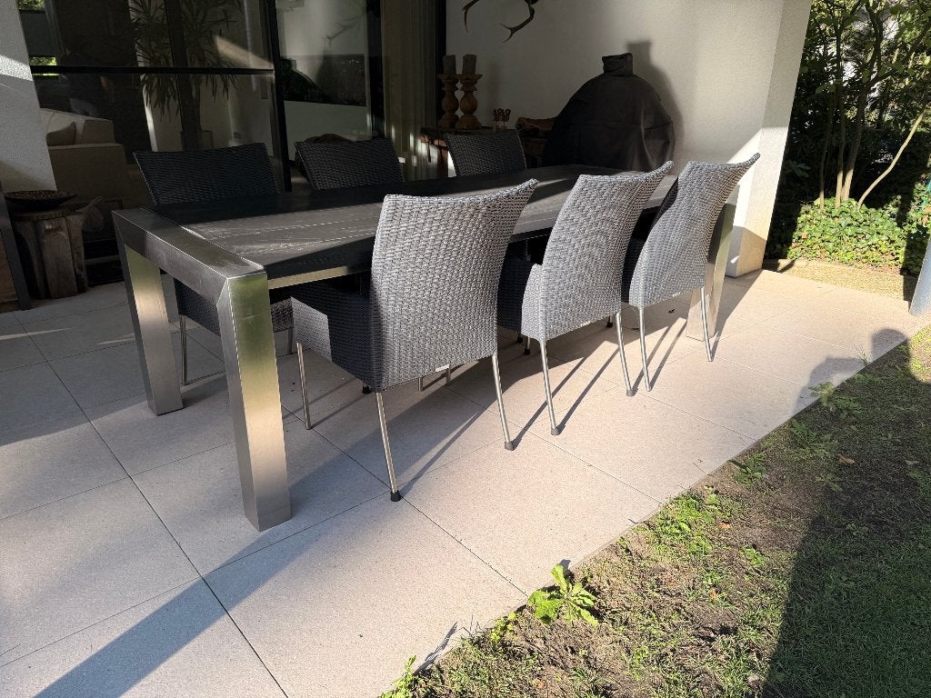 RVS moderne tuintafel met 6 designer stoelen, Ophalen, Gebruikt, Rechthoekig, Rvs