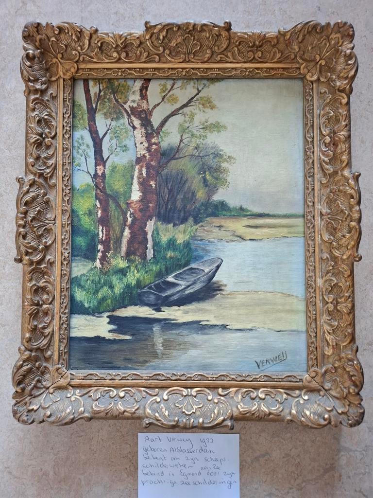 Schilderij Aart Verwey - Landschap met boot, Antiek en Kunst, Kunst | Schilderijen | Klassiek, Ophalen