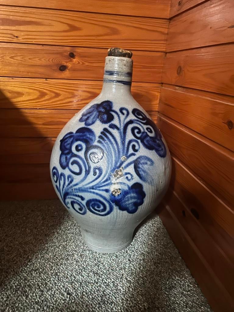 Oude olie kruik met blauw decor, Ophalen of Verzenden